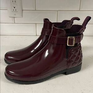 Hunter Original Refined Quilted Gloss Chelsea Waterproof Boots Burgundy Size 8